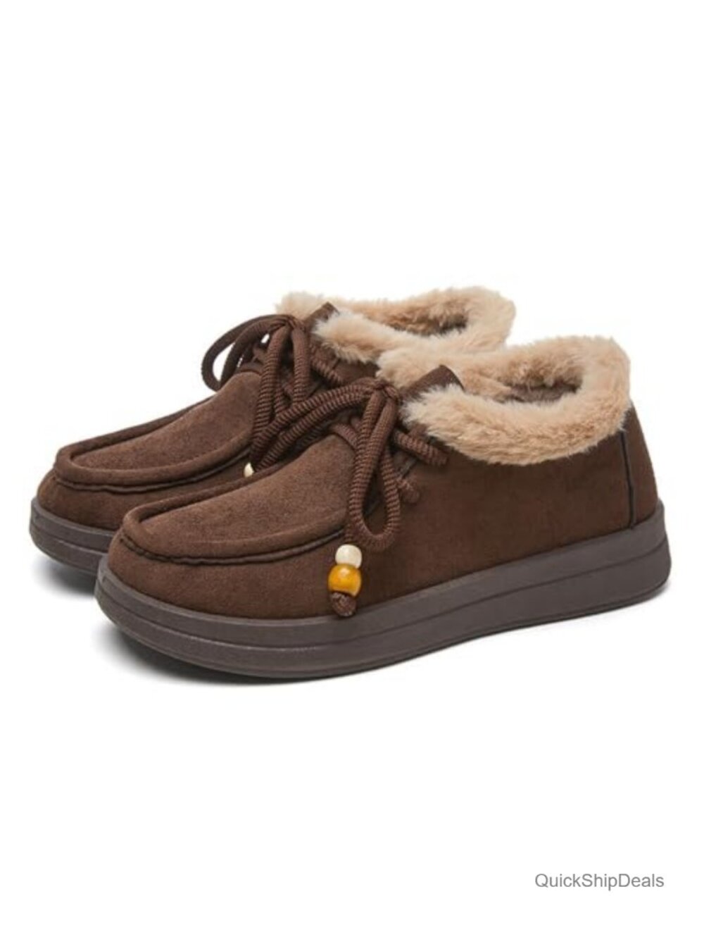 Women's Suede Fur Lined Platform Loafers with Beaded Lace Up